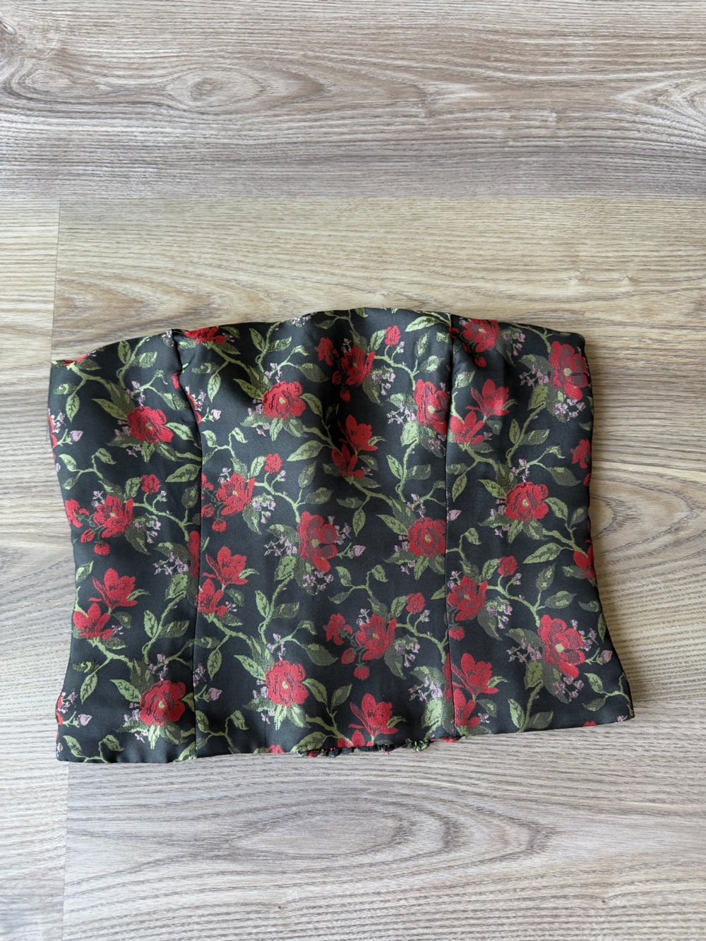 Reformation Black Satin Strapless Top with Red Floral Print